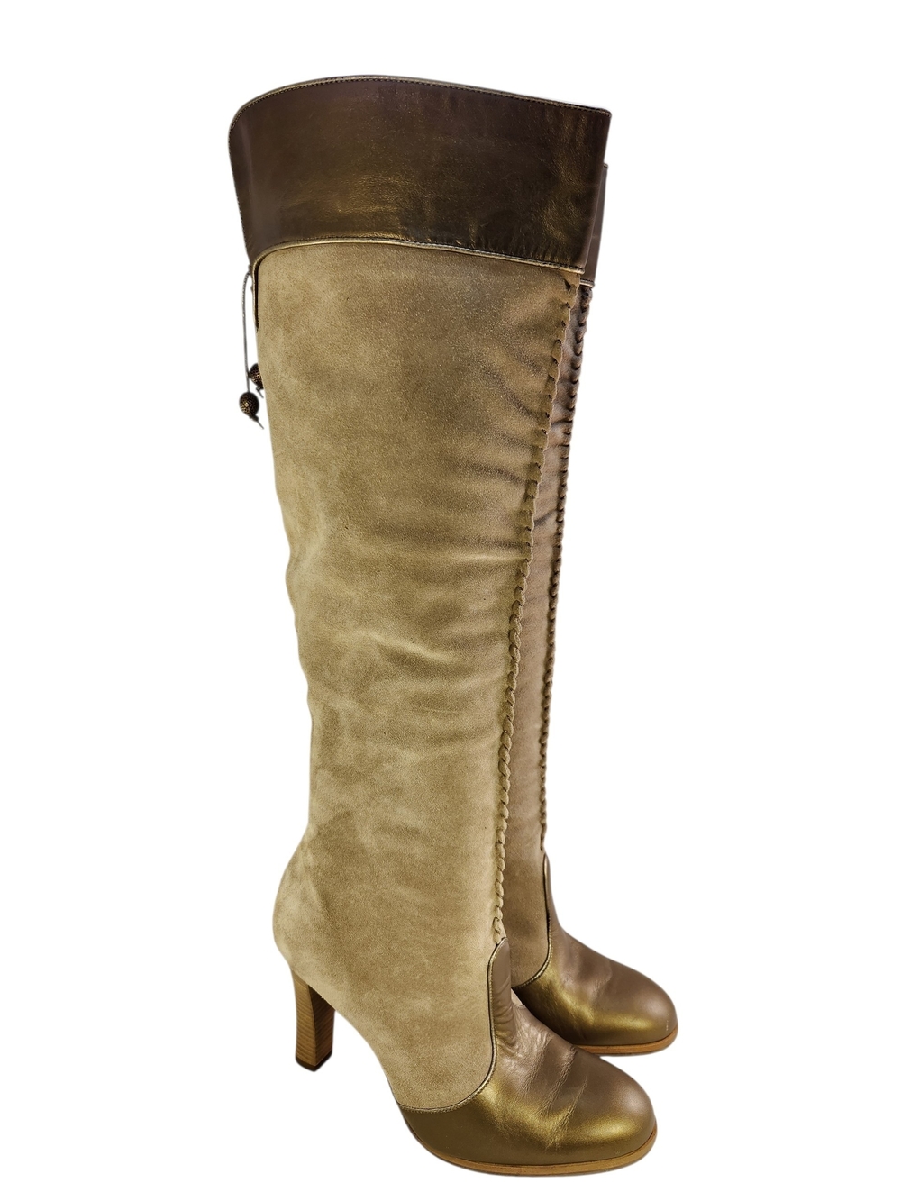 MINT COLE HAAN WOMEN METALLIC BEIGE  TALL CAMPUS SUEDE SIZE 8 B